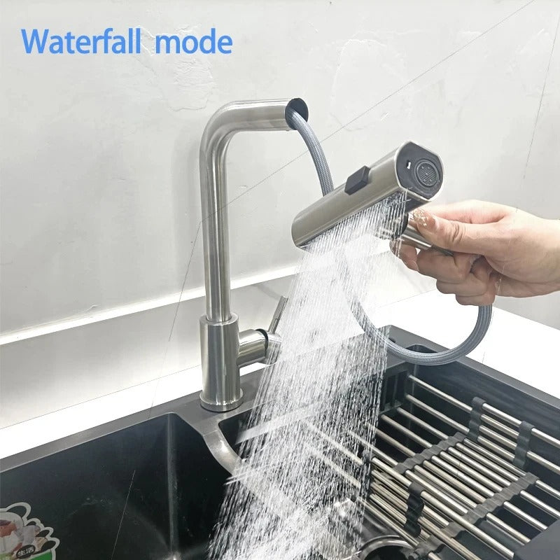 Grey/Silver Pull Out Kitchen Faucet, Flexible Hot and Cold Water Kitchen Sink Mixer Faucet Deck Mounted with Stream Shower Mode - HomeyKitchen