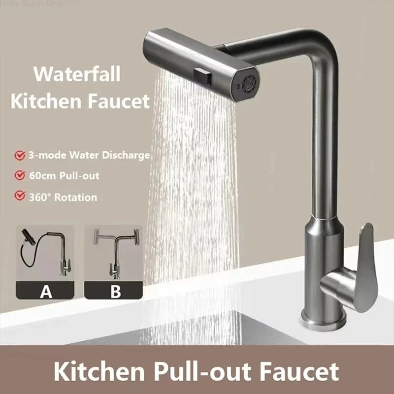 Grey/Silver Pull Out Kitchen Faucet, Flexible Hot and Cold Water Kitchen Sink Mixer Faucet Deck Mounted with Stream Shower Mode - HomeyKitchen
