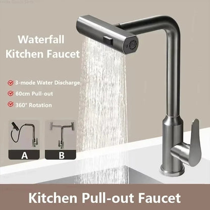 Grey/Silver Pull Out Kitchen Faucet, Flexible Hot and Cold Water Kitchen Sink Mixer Faucet Deck Mounted with Stream Shower Mode - HomeyKitchen