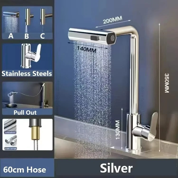 Grey/Silver Pull Out Kitchen Faucet, Flexible Hot and Cold Water Kitchen Sink Mixer Faucet Deck Mounted with Stream Shower Mode - HomeyKitchen